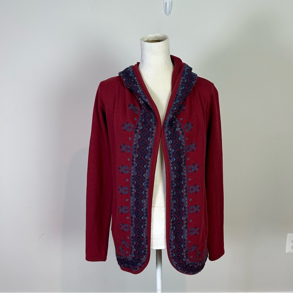 Lucky Brand Women Red Hooded Soft Knit Embroidered Hoodie Open Jacket Sweatshirt